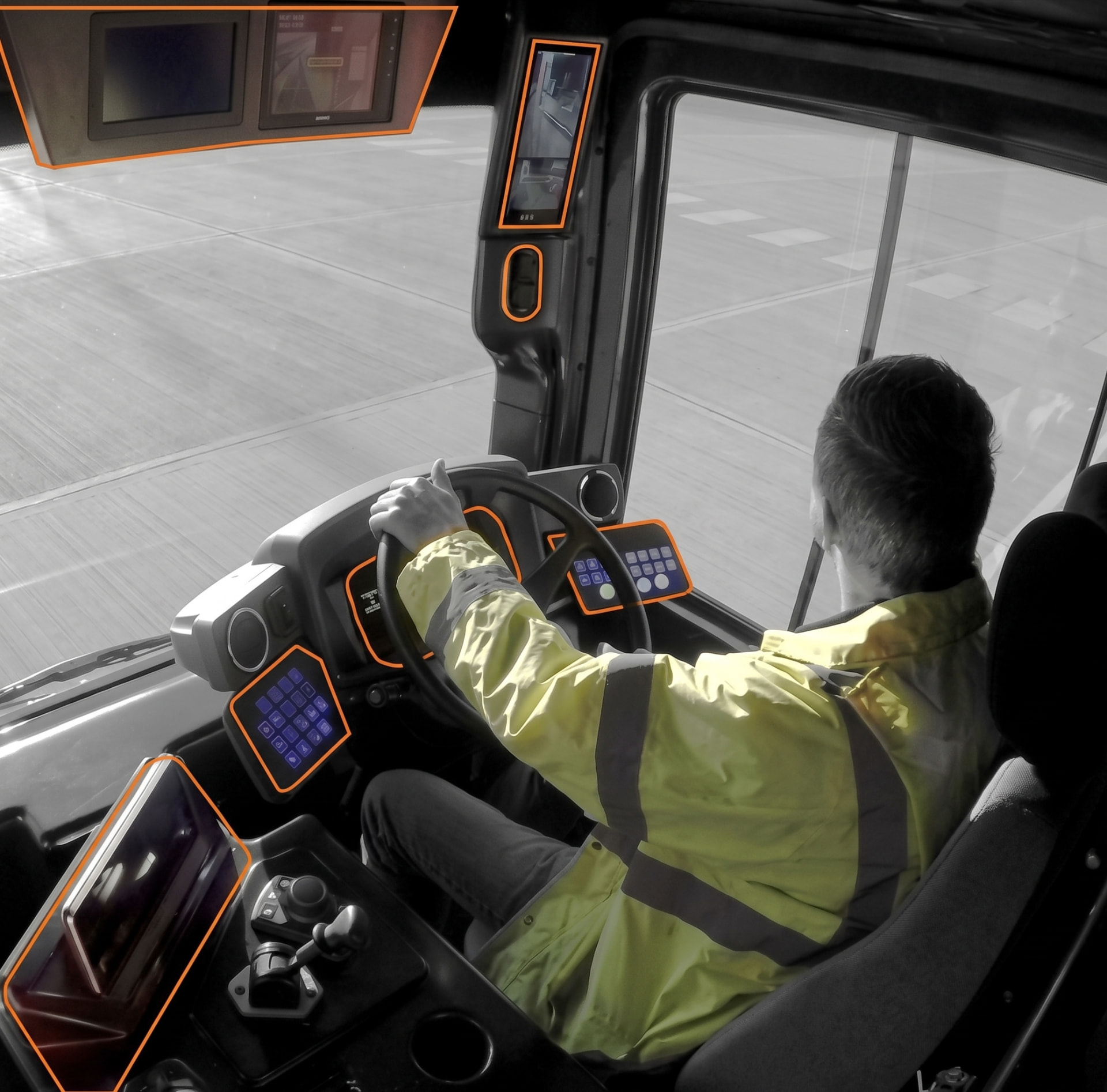 Driver in the OV-1 cockpit with camera displays highlighted